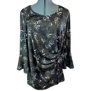 Avenue Women's Sz 14/16 Olive Green Floral Side Tie 3/4 Flair Sleeve Top Stretch